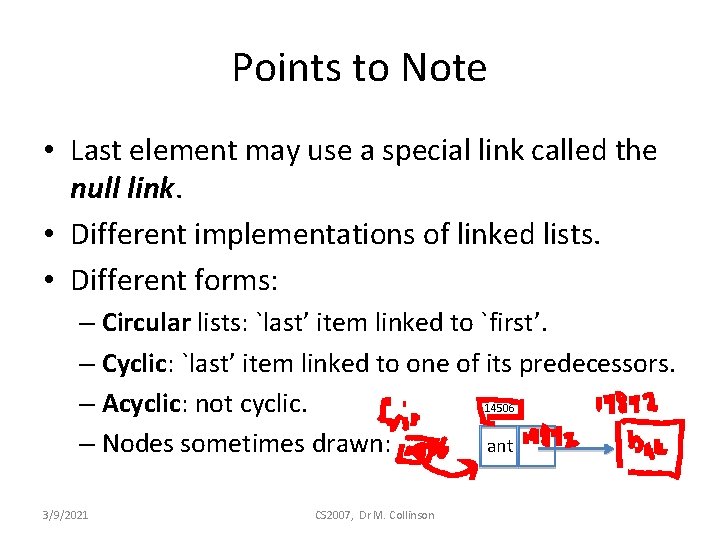 Points to Note • Last element may use a special link called the null