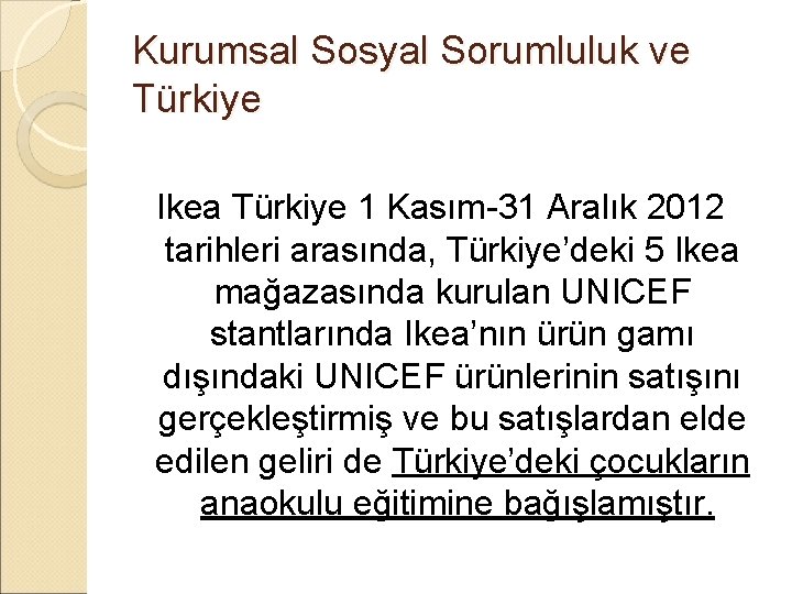 Kurumsal Sosyal Sorumluluk ve Türkiye Ikea Türkiye 1 Kasım-31 Aralık 2012 tarihleri arasında, Türkiye’deki