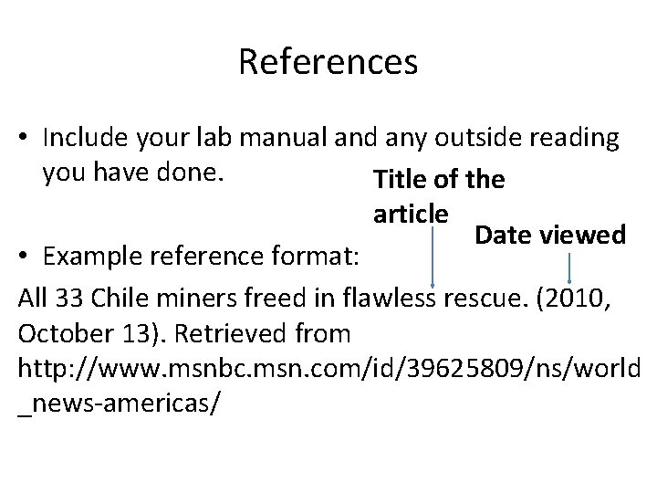 References • Include your lab manual and any outside reading you have done. Title References • Include your lab manual and any outside reading you have done. Title
