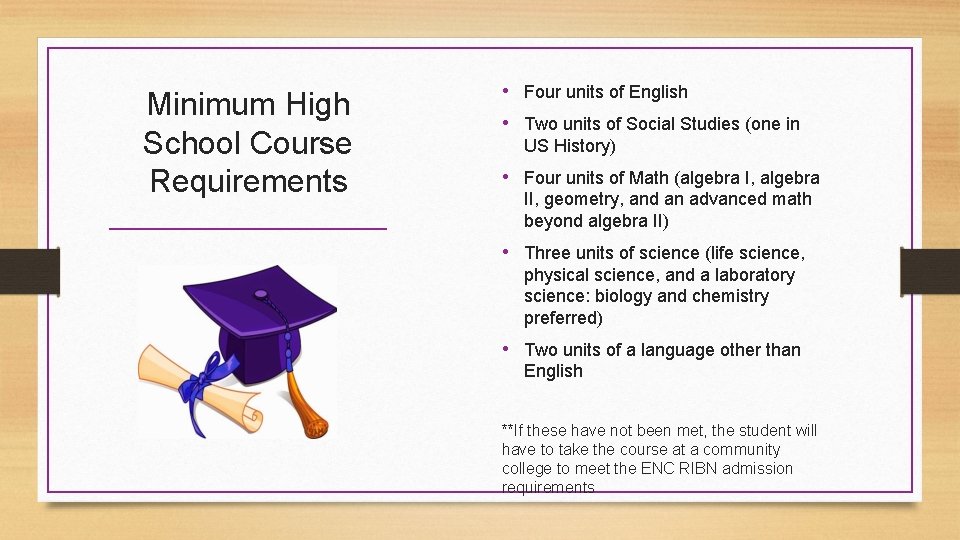 Minimum High School Course Requirements • Four units of English • Two units of