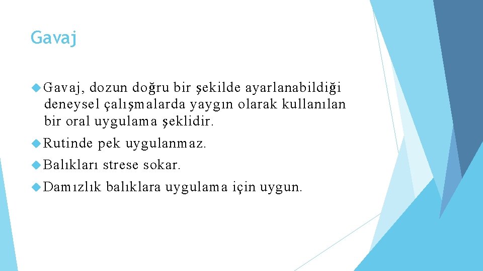 Gavaj dozun doğru bir şekilde ayarlanabildiği deneysel çalışmalarda yaygın olarak kullanılan bir oral uygulama