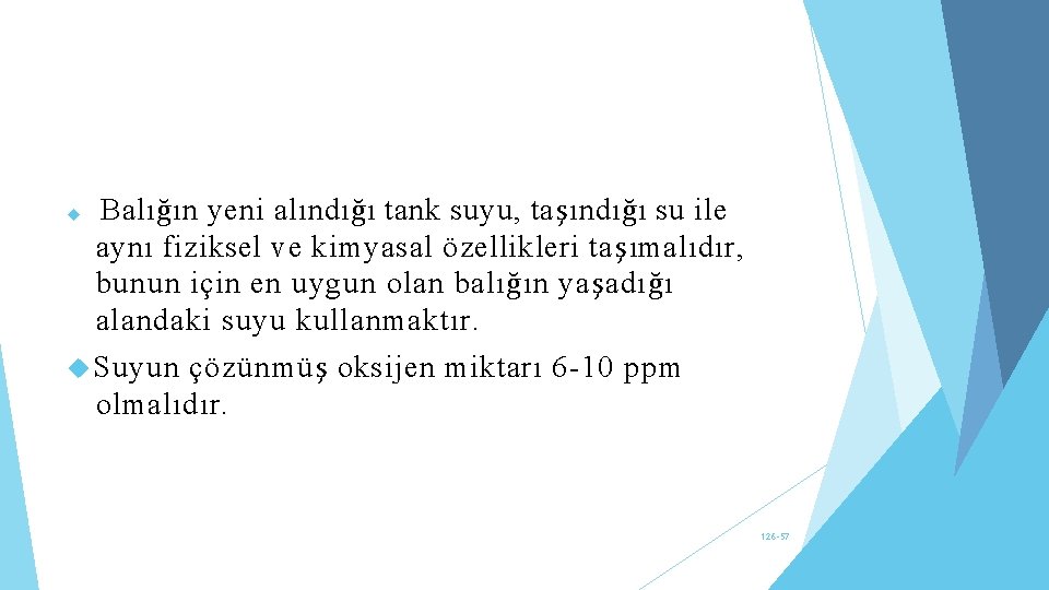  Balığın yeni alındığı tank suyu, taşındığı su ile aynı fiziksel ve kimyasal özellikleri