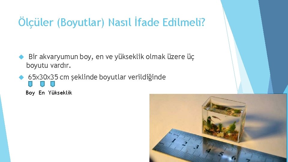 Ölçüler (Boyutlar) Nasıl İfade Edilmeli? Bir akvaryumun boy, en ve yükseklik olmak üzere üç