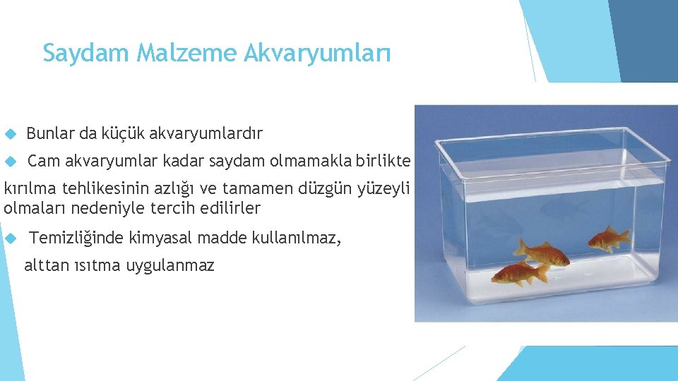 Saydam Malzeme Akvaryumları Bunlar da küçük akvaryumlardır Cam akvaryumlar kadar saydam olmamakla birlikte kırılma