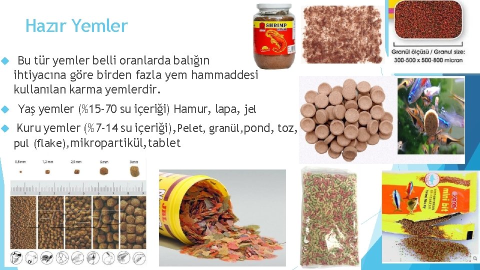 Hazır Yemler Bu tür yemler belli oranlarda balığın ihtiyacına göre birden fazla yem hammaddesi