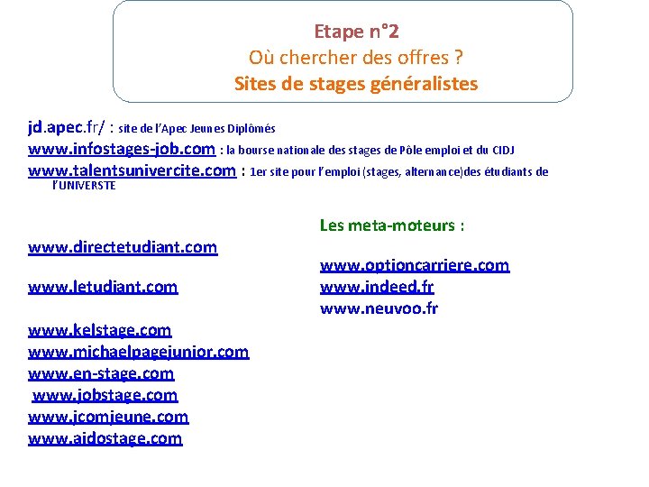 Etape n° 2 Où cher des offres ? Sites de stages généralistes jd. apec.