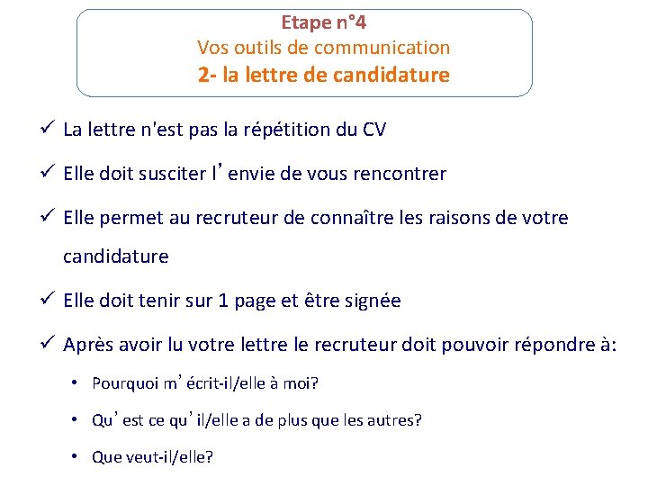 Etape n° 4 Vos outils de communication 2 - la lettre de candidature ü