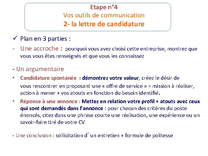 Etape n° 4 Vos outils de communication 2 - la lettre de candidature ü