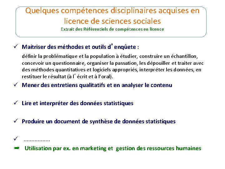 Quelques compétences disciplinaires acquises en licence de sciences sociales Extrait des Référentiels de compétences