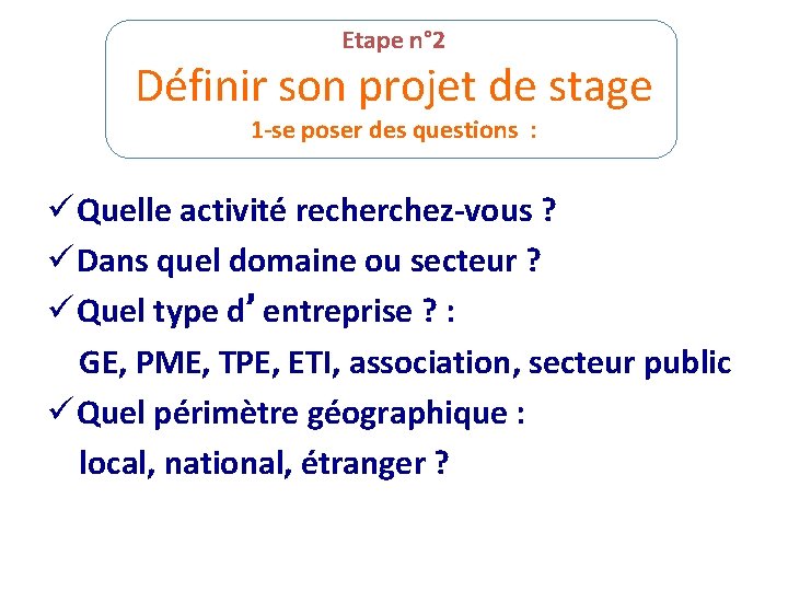 Etape n° 2 Définir son projet de stage 1 -se poser des questions :