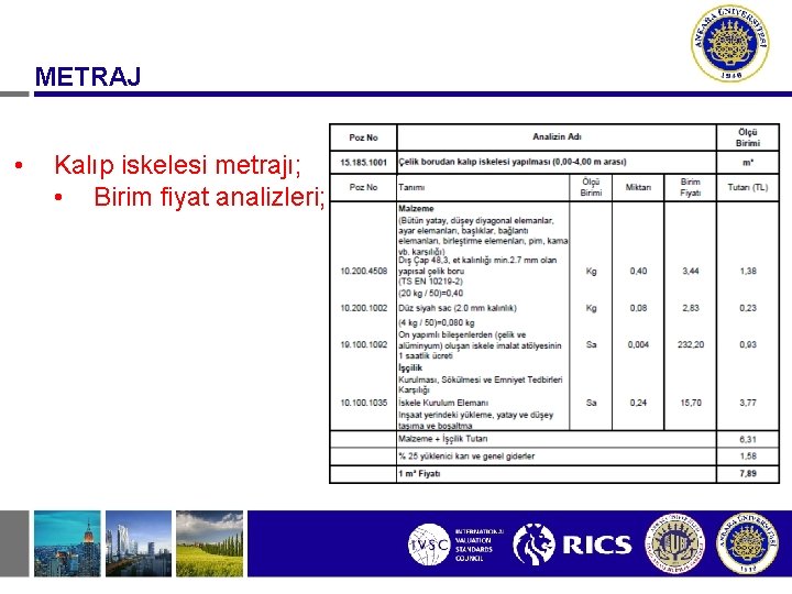 METRAJ • Kalıp iskelesi metrajı; • Birim fiyat analizleri; 