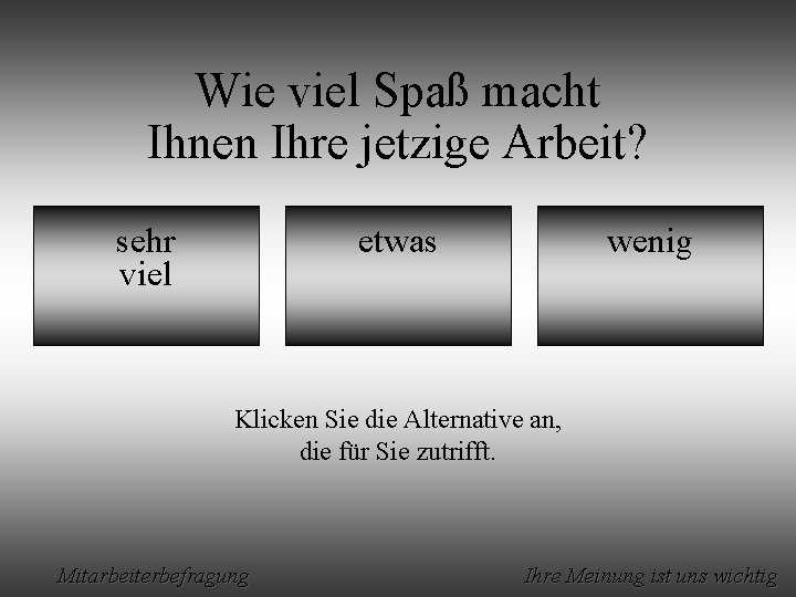 Wie viel Spaß macht Ihnen Ihre jetzige Arbeit? sehr viel etwas wenig Klicken Sie