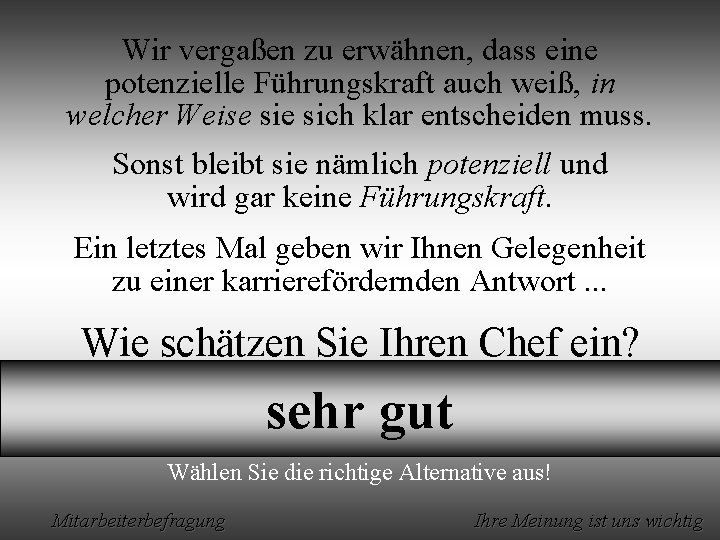 Wir vergaßen zu erwähnen, dass eine potenzielle Führungskraft auch weiß, in welcher Weise sich