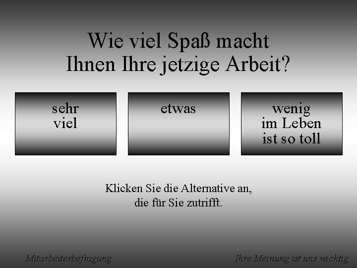 Wie viel Spaß macht Ihnen Ihre jetzige Arbeit? sehr viel etwas wenig im Leben