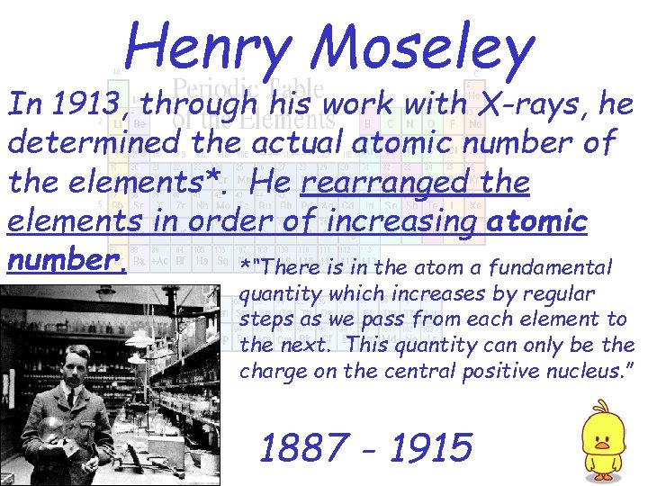 Henry Moseley In 1913, through his work with X-rays, he determined the actual atomic