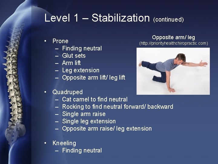 Level 1 – Stabilization (continued) • Prone – Finding neutral – Glut sets –