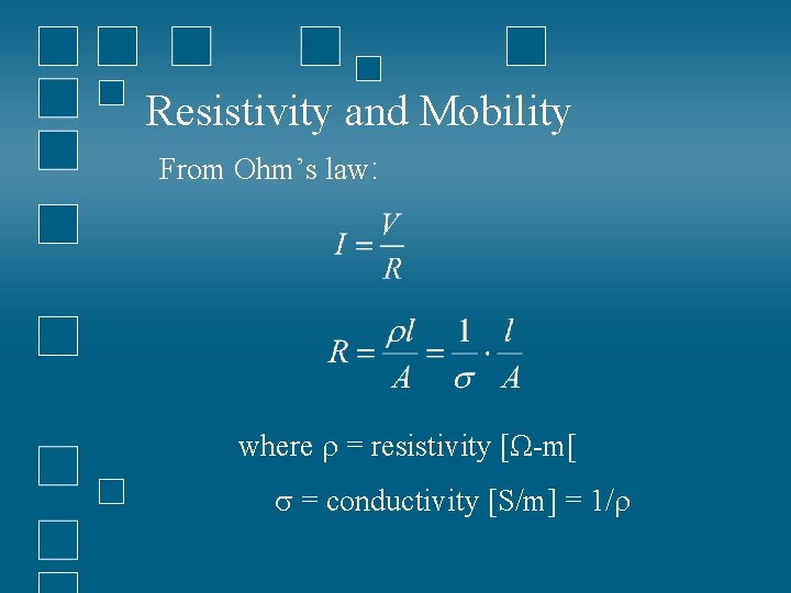 Resistivity and Mobility From Ohm’s law: where = resistivity [Ω-m[ = conductivity [S/m] =