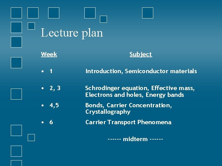Lecture plan Week Subject • 1 Introduction, Semiconductor materials • 2, 3 Schrodinger equation,
