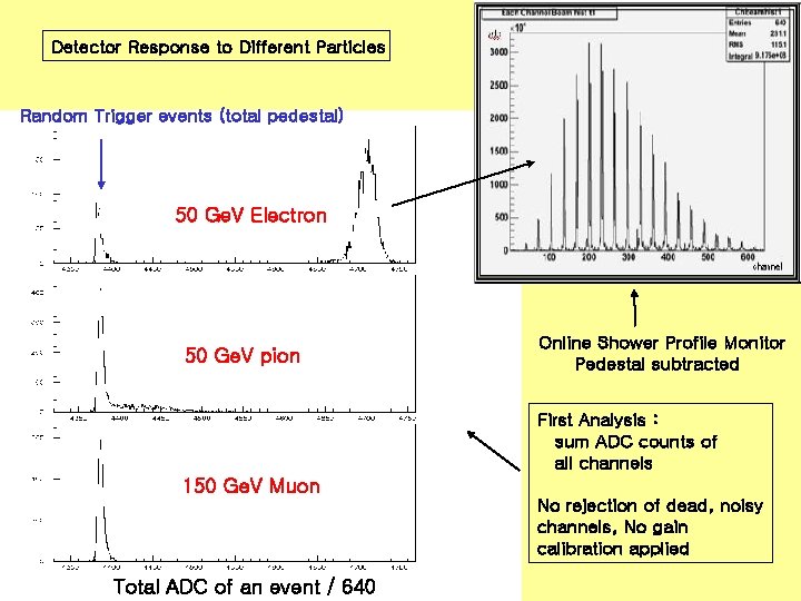 Detector Response to Different Particles Random Trigger events (total pedestal) 50 Ge. V Electron