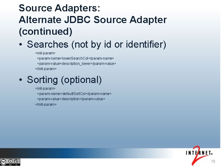 Source Adapters: Alternate JDBC Source Adapter (continued) • Searches (not by id or identifier)