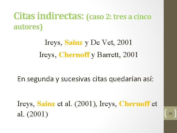 Citas indirectas: (caso 2: tres a cinco autores) Ireys, Sainz y De Vet, 2001