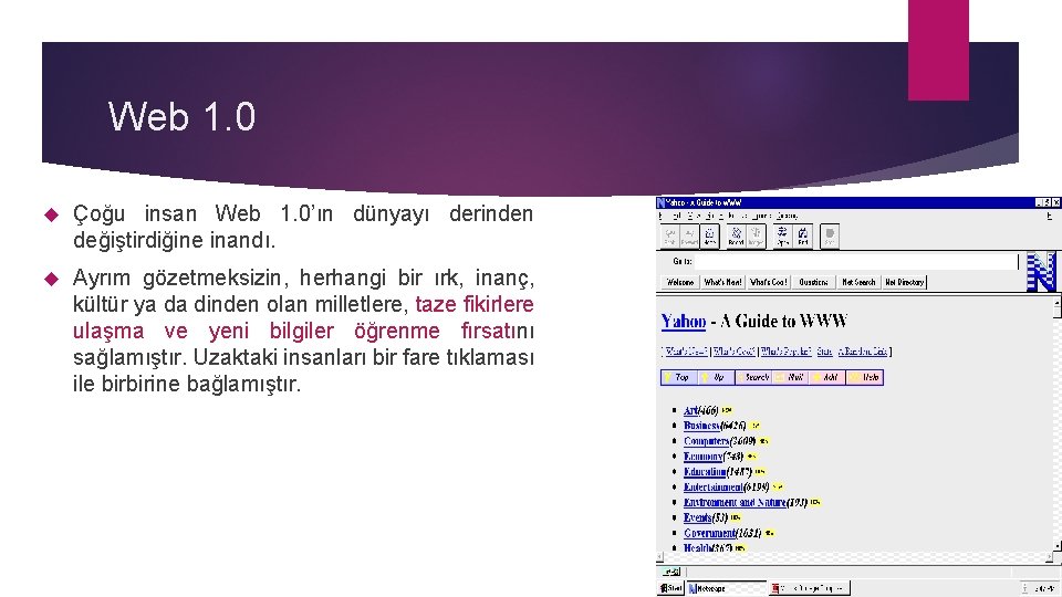 Web 1. 0 Çoğu insan Web 1. 0’ın dünyayı derinden değiştirdiğine inandı. Ayrım gözetmeksizin,
