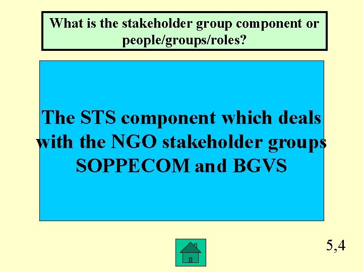 What is the stakeholder group component or people/groups/roles? The STS component which deals with