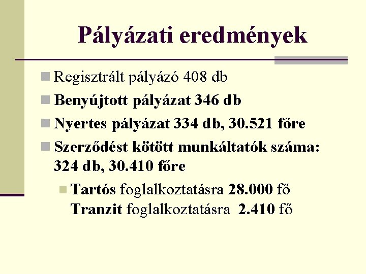 Pályázati eredmények n Regisztrált pályázó 408 db n Benyújtott pályázat 346 db n Nyertes