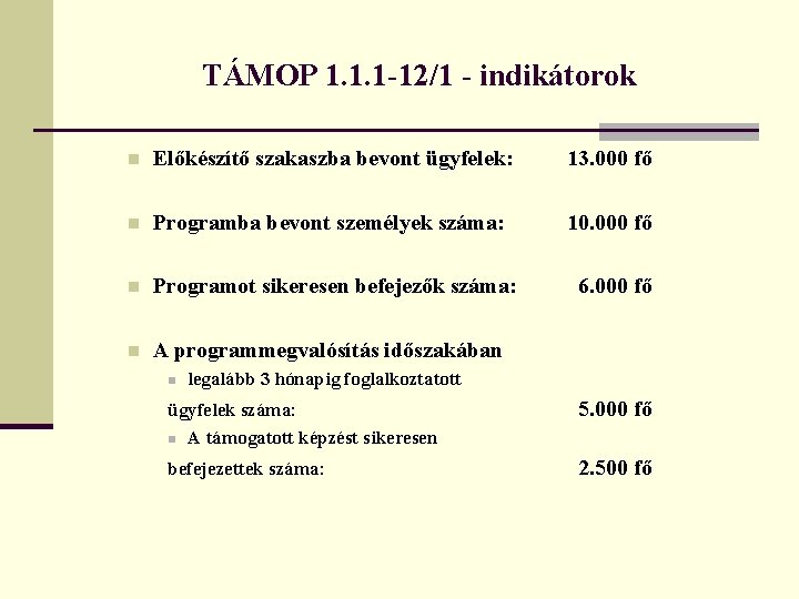 TÁMOP 1. 1. 1 -12/1 - indikátorok n Előkészítő szakaszba bevont ügyfelek: 13. 000