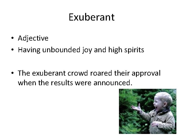 Exuberant • Adjective • Having unbounded joy and high spirits • The exuberant crowd