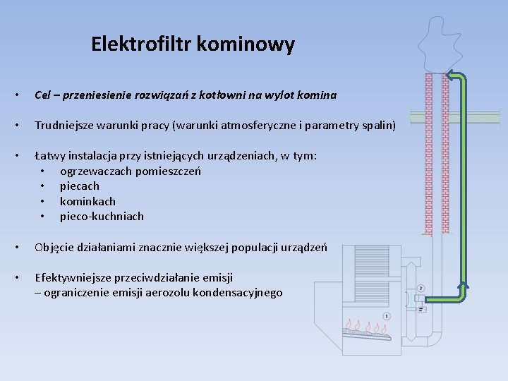 Elektrofiltr kominowy • Cel – przeniesienie rozwiązań z kotłowni na wylot komina • Trudniejsze