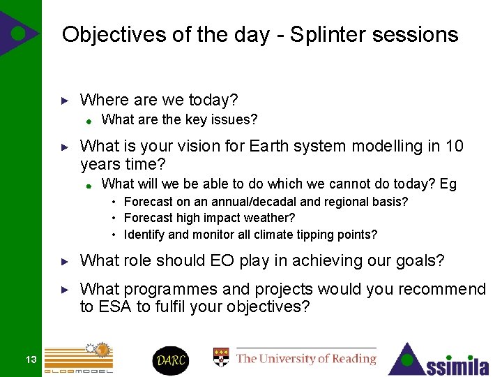 Objectives of the day - Splinter sessions Where are we today? What are the