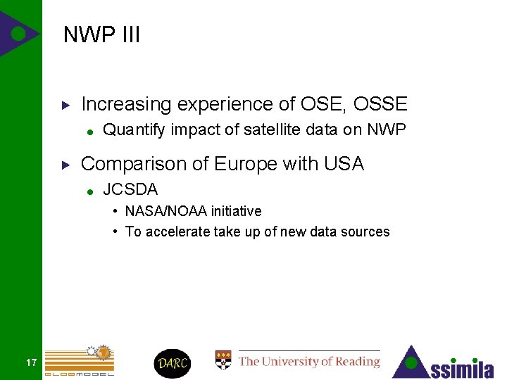 NWP III Increasing experience of OSE, OSSE Quantify impact of satellite data on NWP