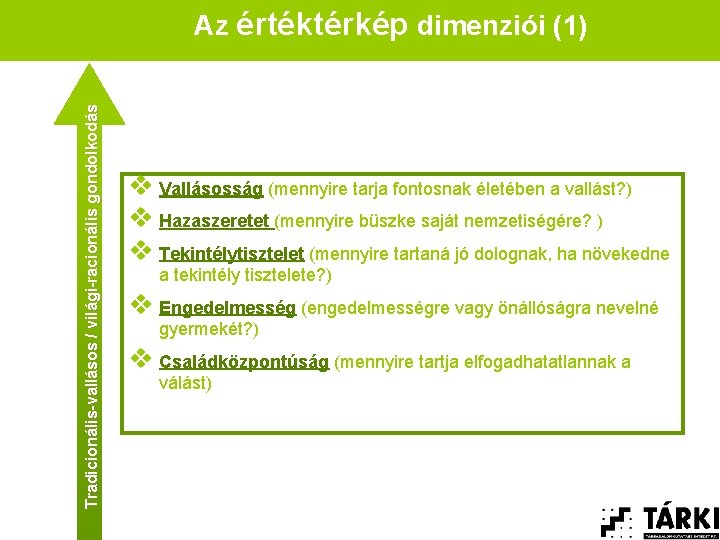 Tradicionális vallásos / világi racionális gondolkodás Az értéktérkép dimenziói (1) v Vallásosság (mennyire tarja