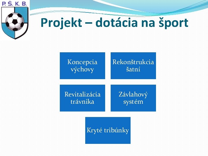 Projekt – dotácia na šport Koncepcia výchovy Rekonštrukcia šatní Revitalizácia trávnika Závlahový systém Kryté