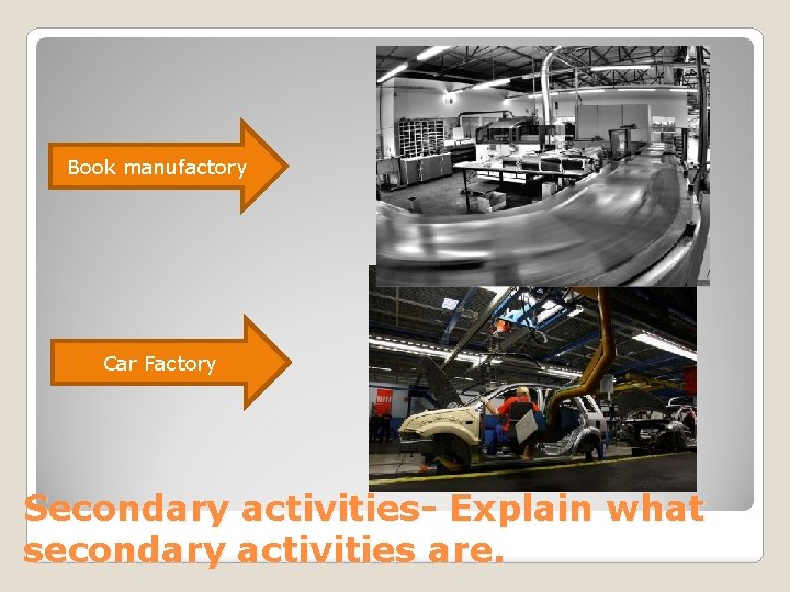 Book manufactory Car Factory Secondary activities- Explain what secondary activities are. 