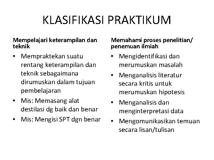 KLASIFIKASI PRAKTIKUM Mempelajari keterampilan dan teknik Memahami proses penelitian/ penemuan ilmiah • Mempraktekan suatu