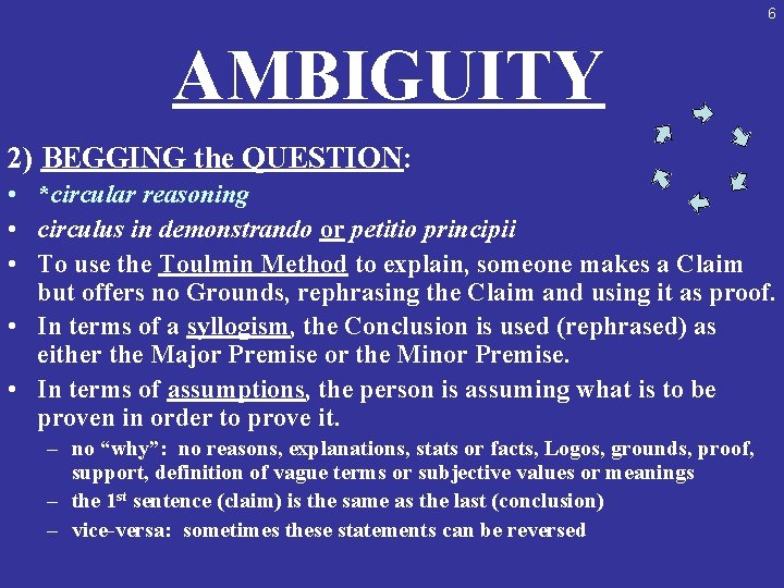 6 AMBIGUITY 2) BEGGING the QUESTION: • *circular reasoning • circulus in demonstrando or