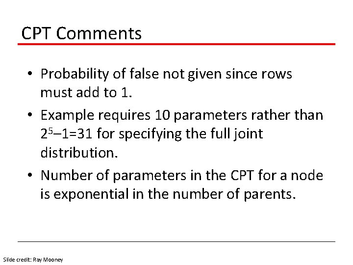 CPT Comments • Probability of false not given since rows must add to 1.