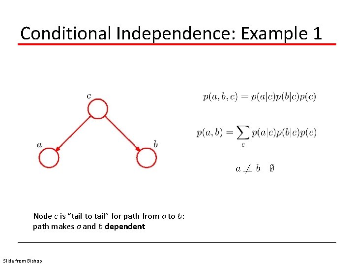 Conditional Independence: Example 1 Node c is “tail to tail” for path from a