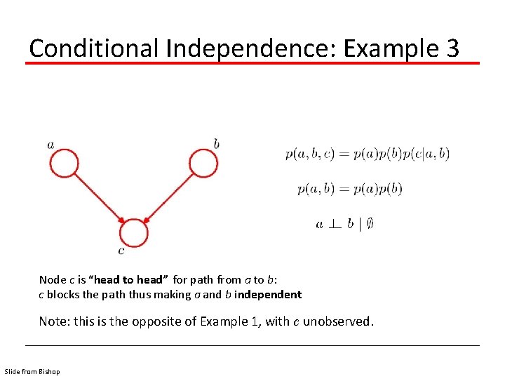 Conditional Independence: Example 3 Node c is “head to head” for path from a