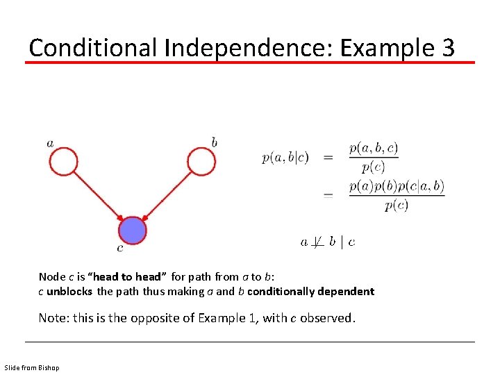 Conditional Independence: Example 3 Node c is “head to head” for path from a