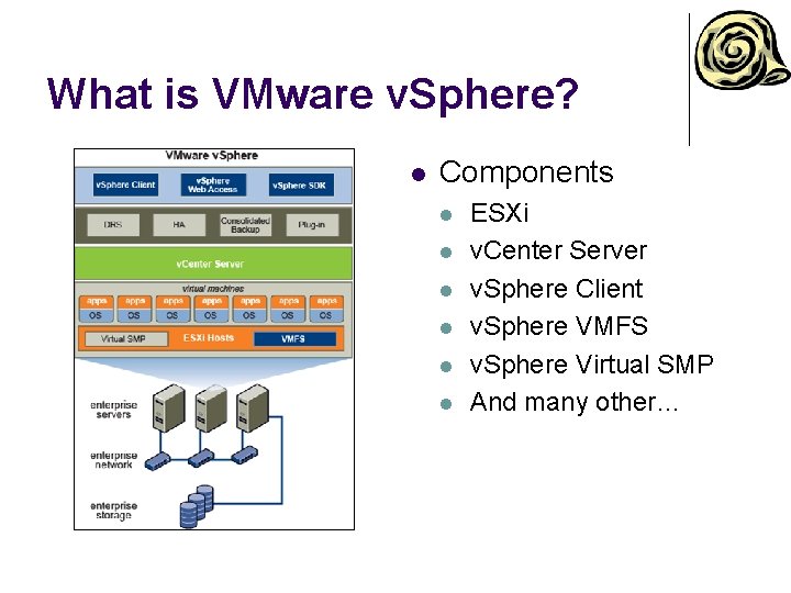 What is VMware v. Sphere? l Components l l l ESXi v. Center Server