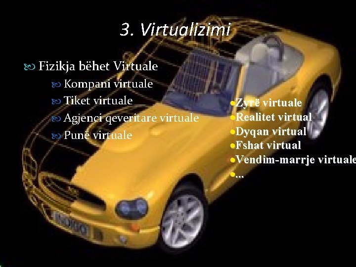3. Virtualizimi Fizikja bëhet Virtuale Kompani virtuale Tiket virtuale Agjenci qeveritare virtuale Punë virtuale