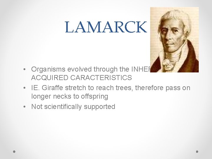 LAMARCK • Organisms evolved through the INHERITANCE OF ACQUIRED CARACTERISTICS • IE. Giraffe stretch