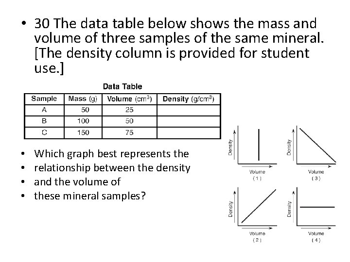  • 30 The data table below shows the mass and volume of three