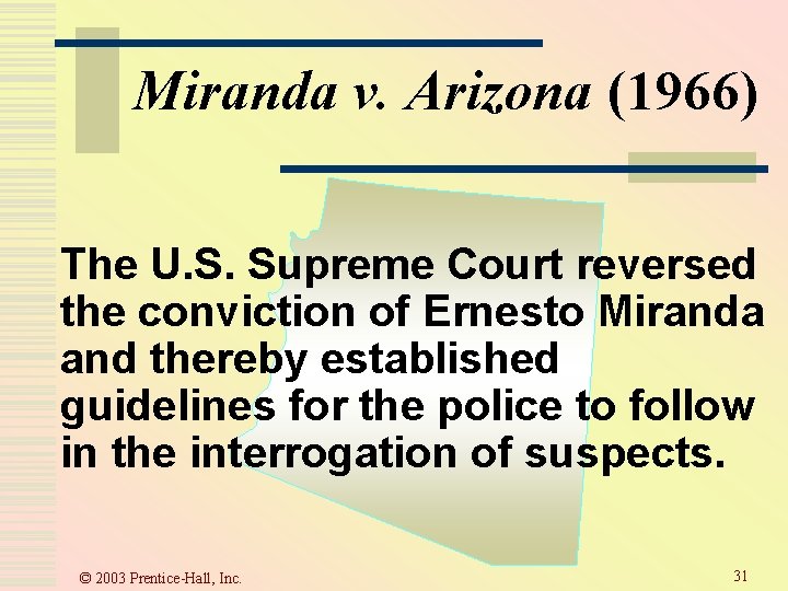 Miranda v. Arizona (1966) The U. S. Supreme Court reversed the conviction of Ernesto Miranda v. Arizona (1966) The U. S. Supreme Court reversed the conviction of Ernesto