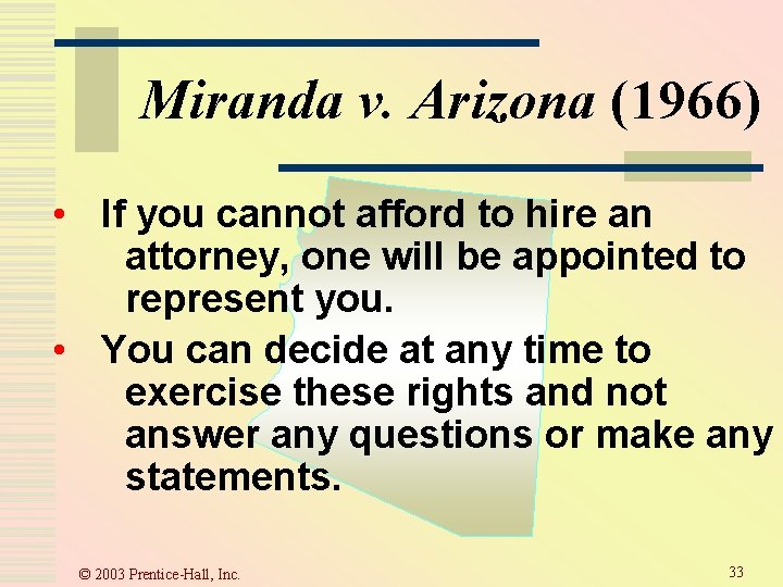 Miranda v. Arizona (1966) • If you cannot afford to hire an attorney, one Miranda v. Arizona (1966) • If you cannot afford to hire an attorney, one