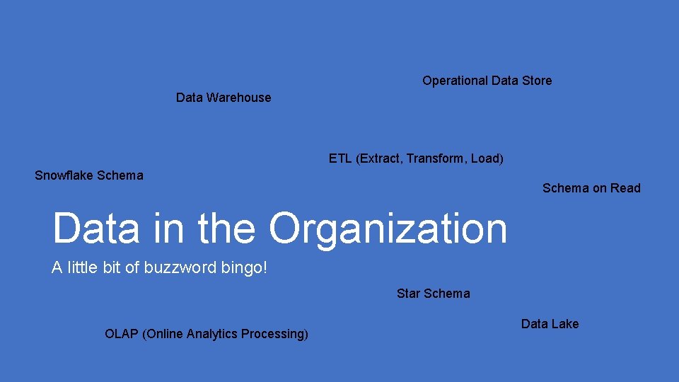 Operational Data Store Data Warehouse ETL (Extract, Transform, Load) Snowflake Schema on Read Data