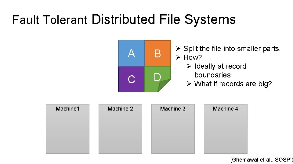 Fault Tolerant Distributed File Systems A B C D Big File Machine 1 Machine